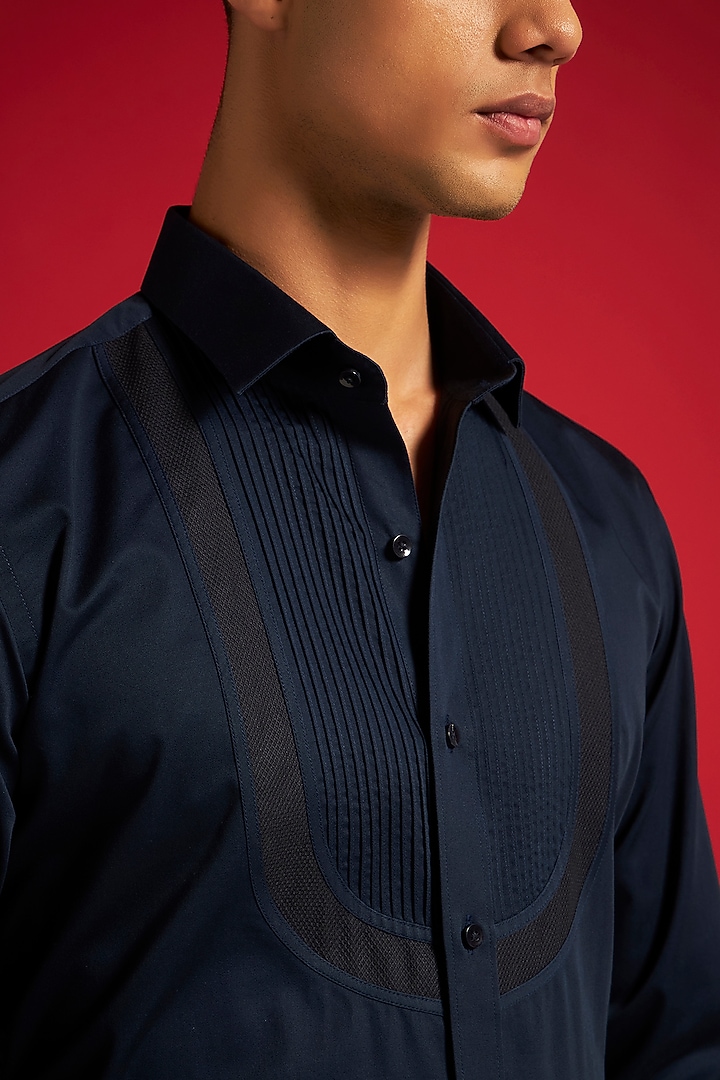 Blue Cotton Pintuck Party Wear Shirt by Philocaly at Pernia's Pop Up Shop