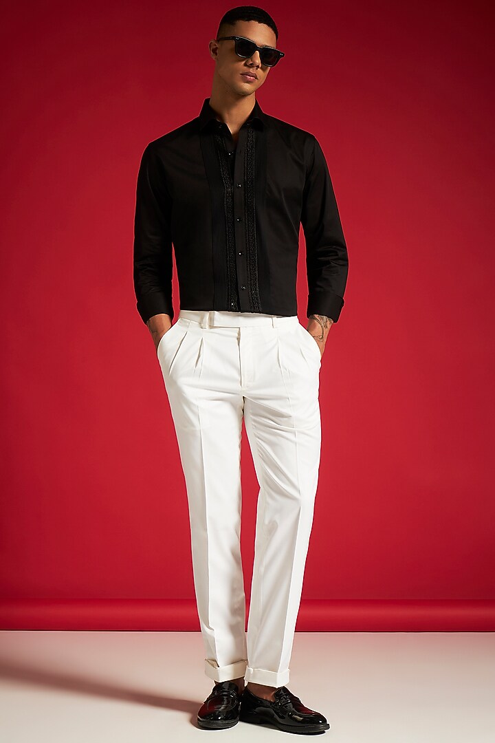 Black Cotton Pintuck & Sequins Embroidered Party Wear Shirt by Philocaly at Pernia's Pop Up Shop