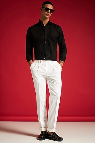 Black Cotton Pintuck & Sequins Embroidered Shirt by Philocaly