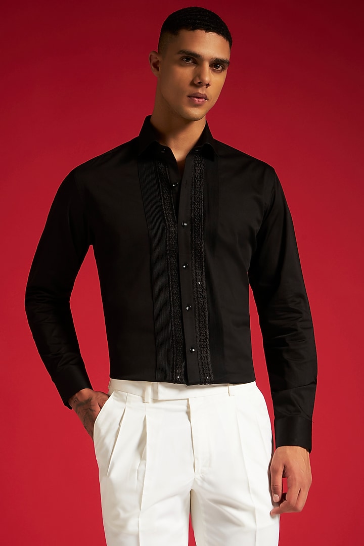 Black Cotton Pintuck & Sequins Embroidered Party Wear Shirt by Philocaly at Pernia's Pop Up Shop