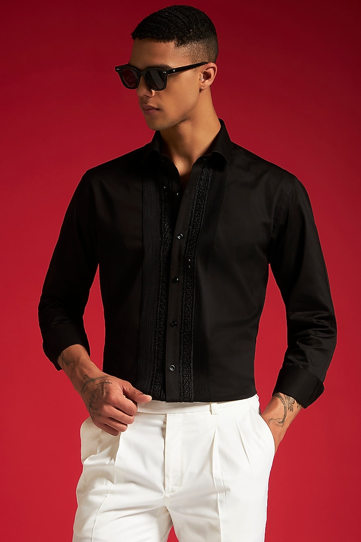 Black Cotton Pintuck & Sequins Embroidered Party Wear Shirt by Philocaly at Pernia's Pop Up Shop