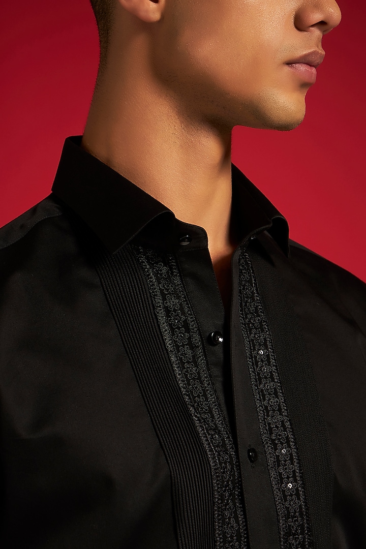 Black Cotton Pintuck & Sequins Embroidered Party Wear Shirt by Philocaly at Pernia's Pop Up Shop