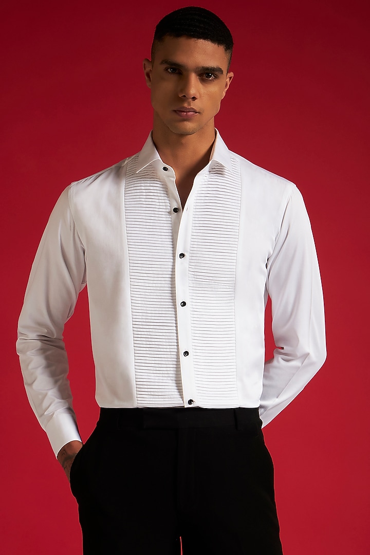 White Cotton Pleated Party Wear Shirt by Philocaly at Pernia's Pop Up Shop