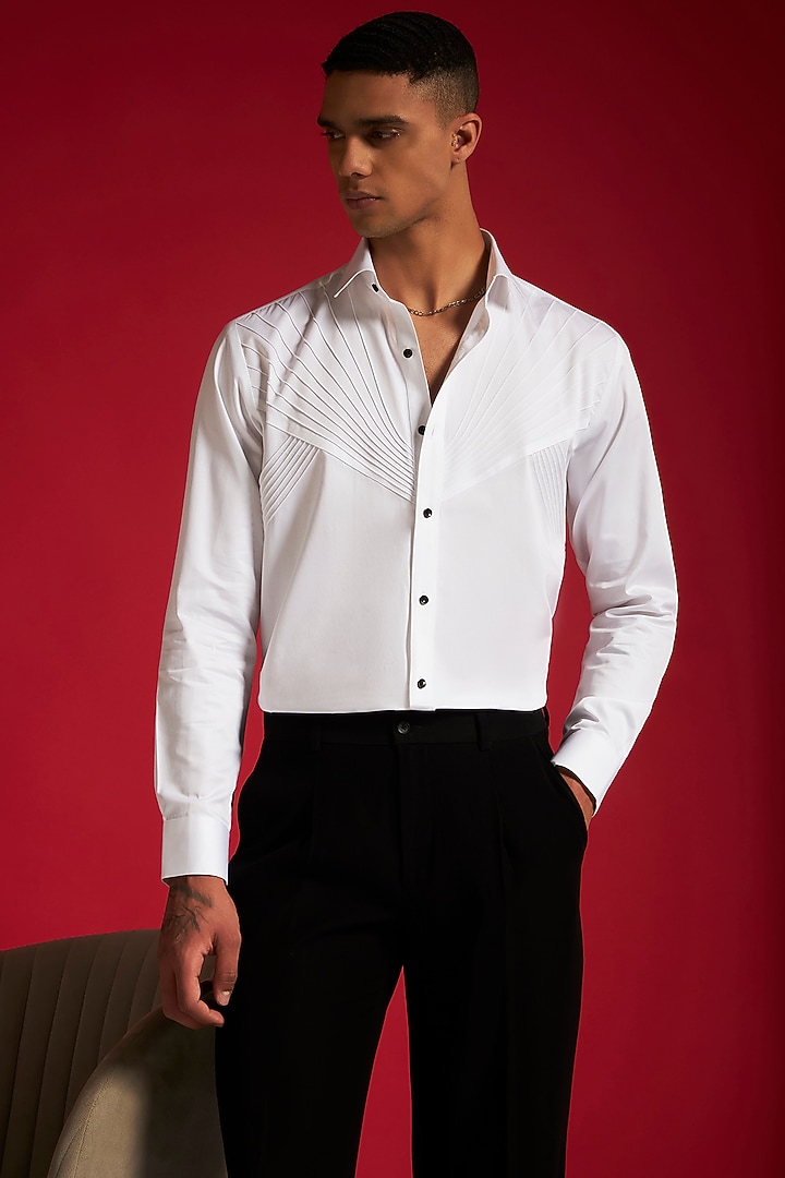 White Cotton Pintuck Party Wear Shirt by Philocaly at Pernia's Pop Up Shop