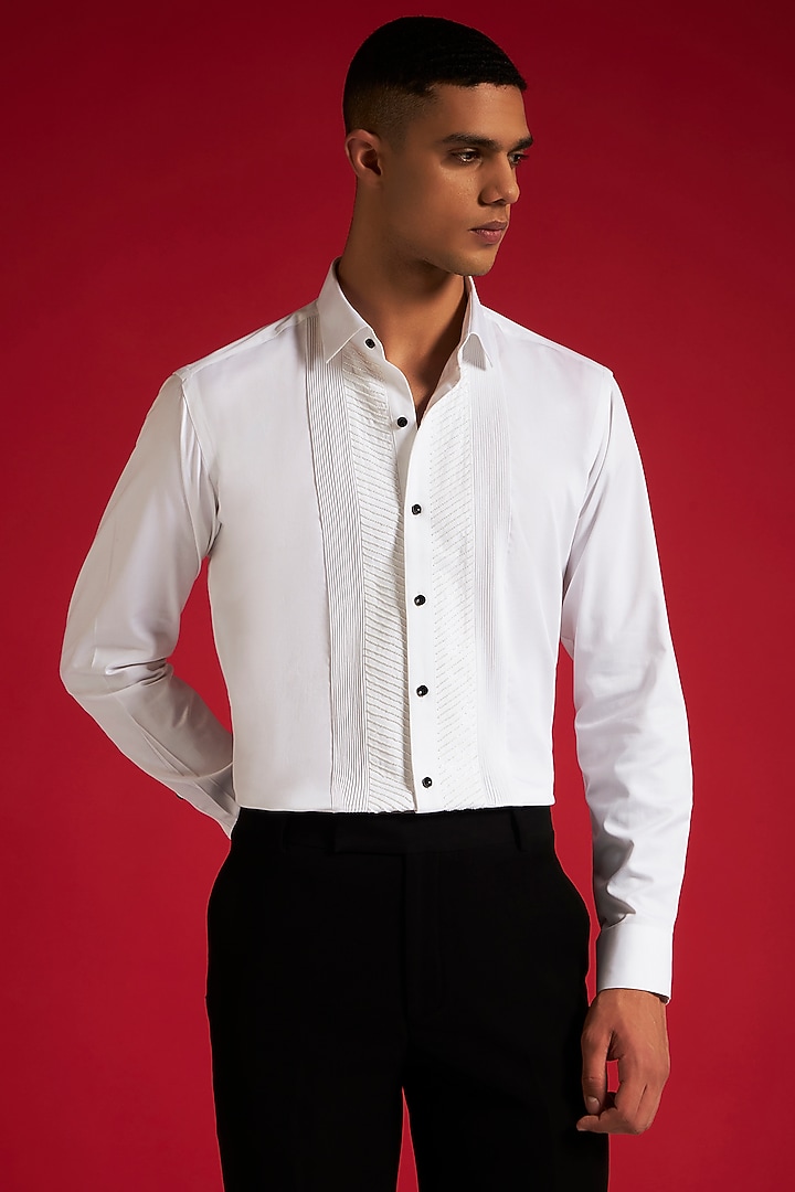 White Cotton Beadwork & Pintuck Party Wear Shirt by Philocaly at Pernia's Pop Up Shop