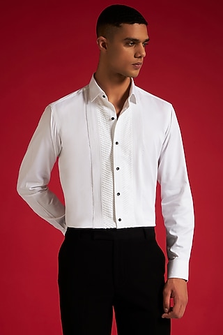 White Cotton Beadwork & Pintuck Shirt by Philocaly