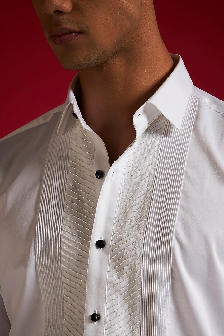White Cotton Beadwork & Pintuck Party Wear Shirt by Philocaly at Pernia's Pop Up Shop