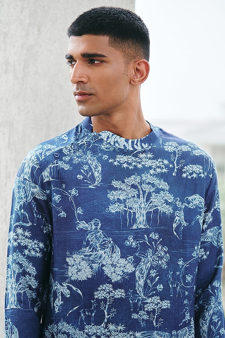 Ink Blue Cotton Printed Kurta by Philocaly at Pernia's Pop Up Shop