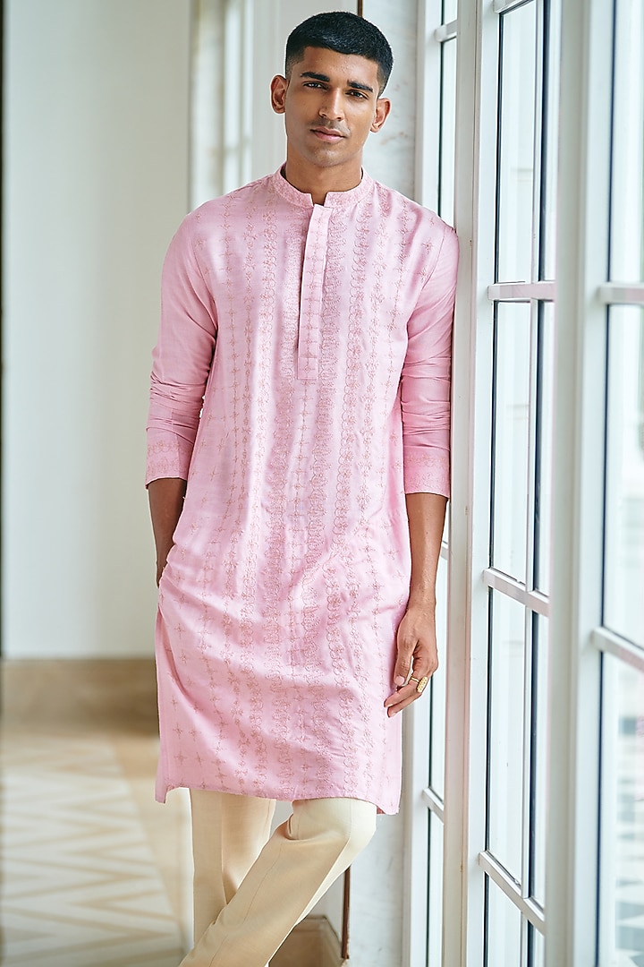 Pink Cotton Tussar Embroidered Kurta by Philocaly at Pernia's Pop Up Shop