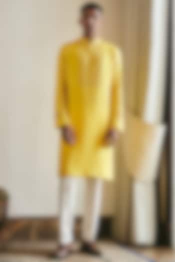 Yellow Cotton Embroidered Kurta by Philocaly at Pernia's Pop Up Shop