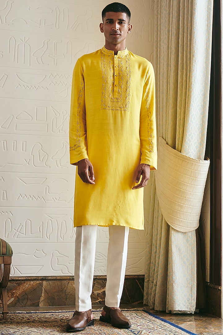 Yellow Cotton Embroidered Kurta by Philocaly at Pernia's Pop Up Shop