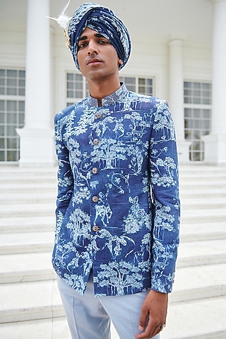 Blue Silk Printed Bandhgala by Philocaly