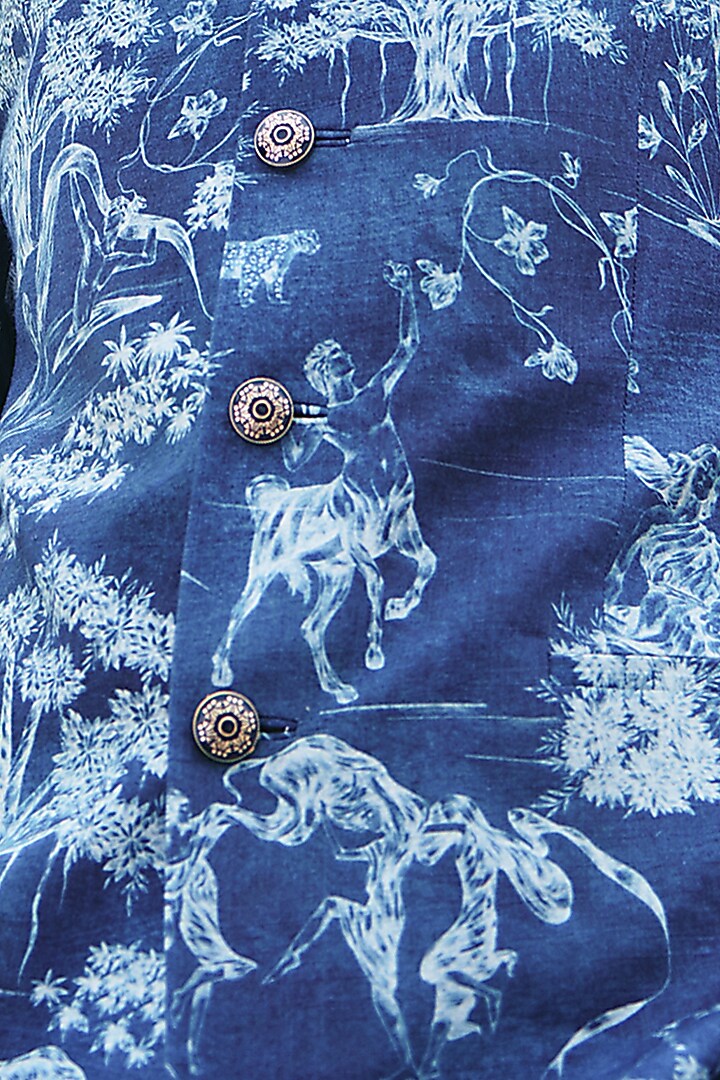 Blue Silk Printed Bandhgala by Philocaly at Pernia's Pop Up Shop