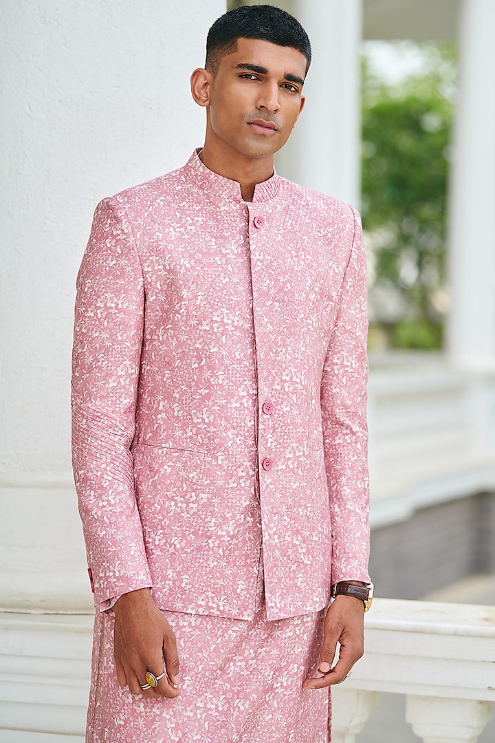 Pink Silk Printed Bandhgala by Philocaly