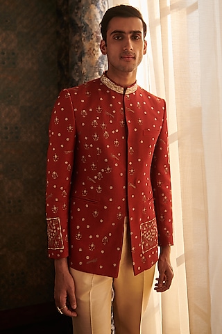 Red Silk Zari Embroidered Bandhgala by Philocaly