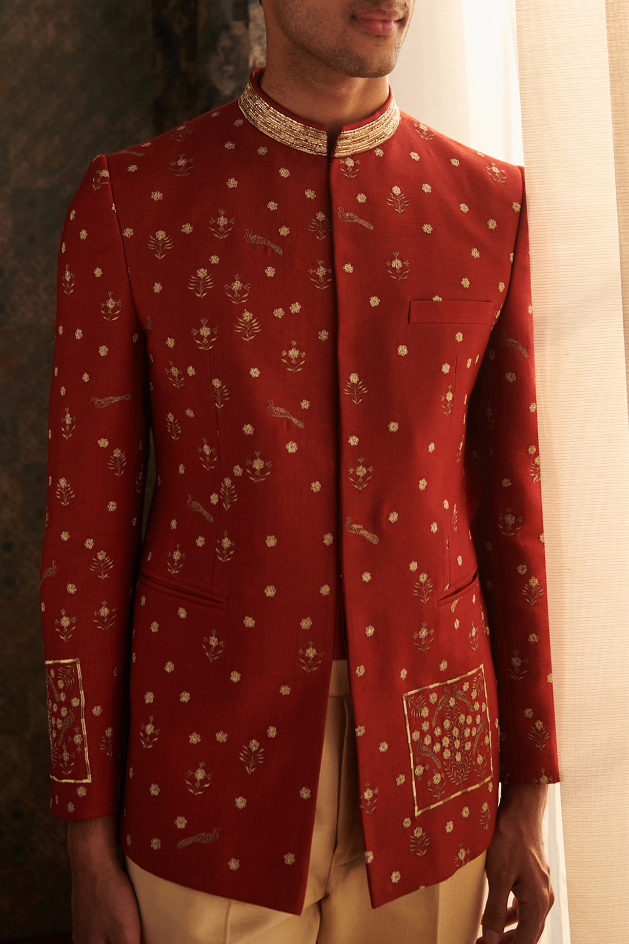 Red Silk Embroidered Bandhgala by Philocaly