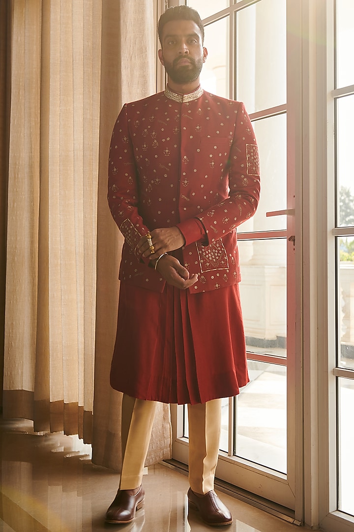 Red Silk Zari Embroidered Jacket Set by Philocaly