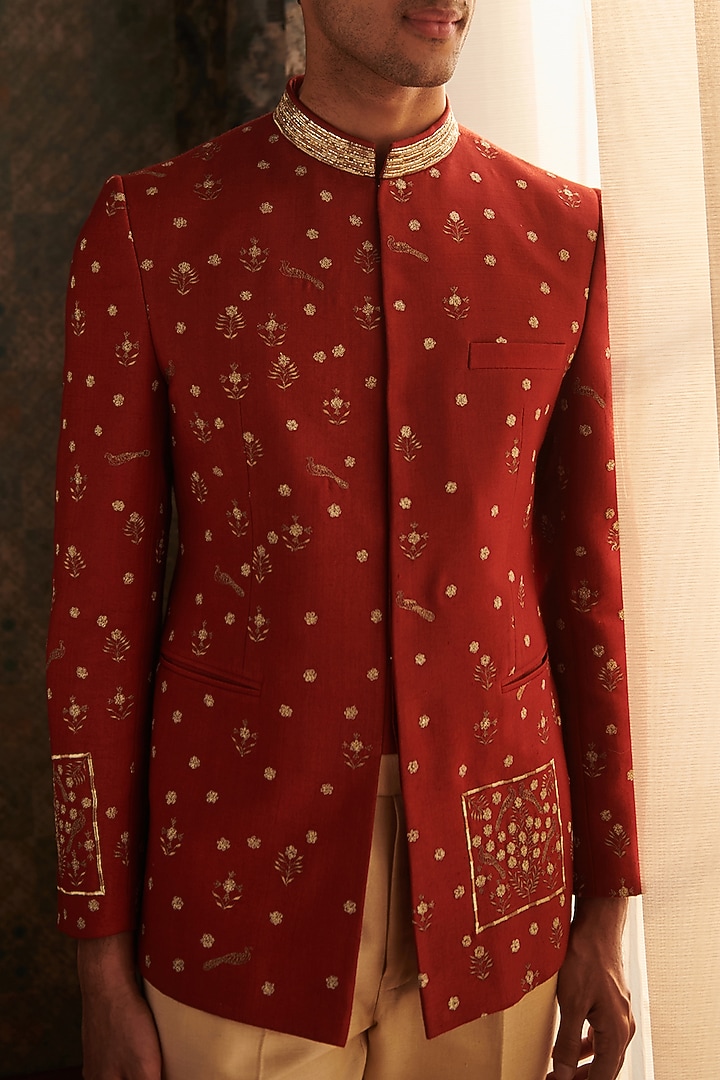 Red Blended Silk Embroidered Bandhgala Set by Philocaly at Pernia's Pop Up Shop