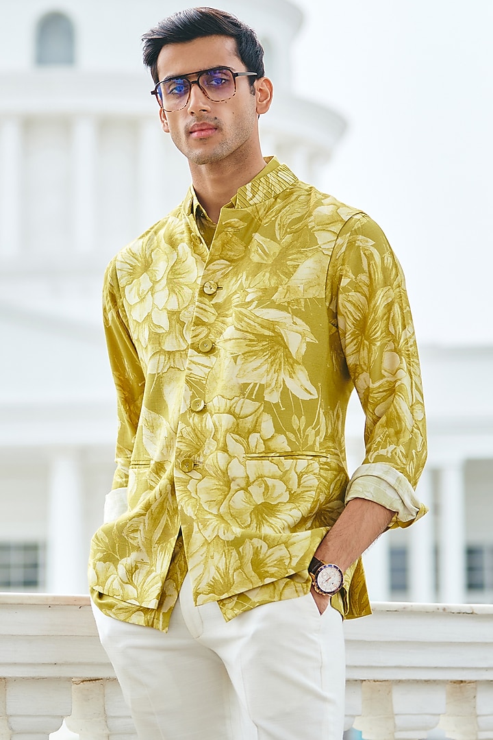 Lime Yellow Silk Printed Bundi Jacket by Philocaly at Pernia's Pop Up Shop