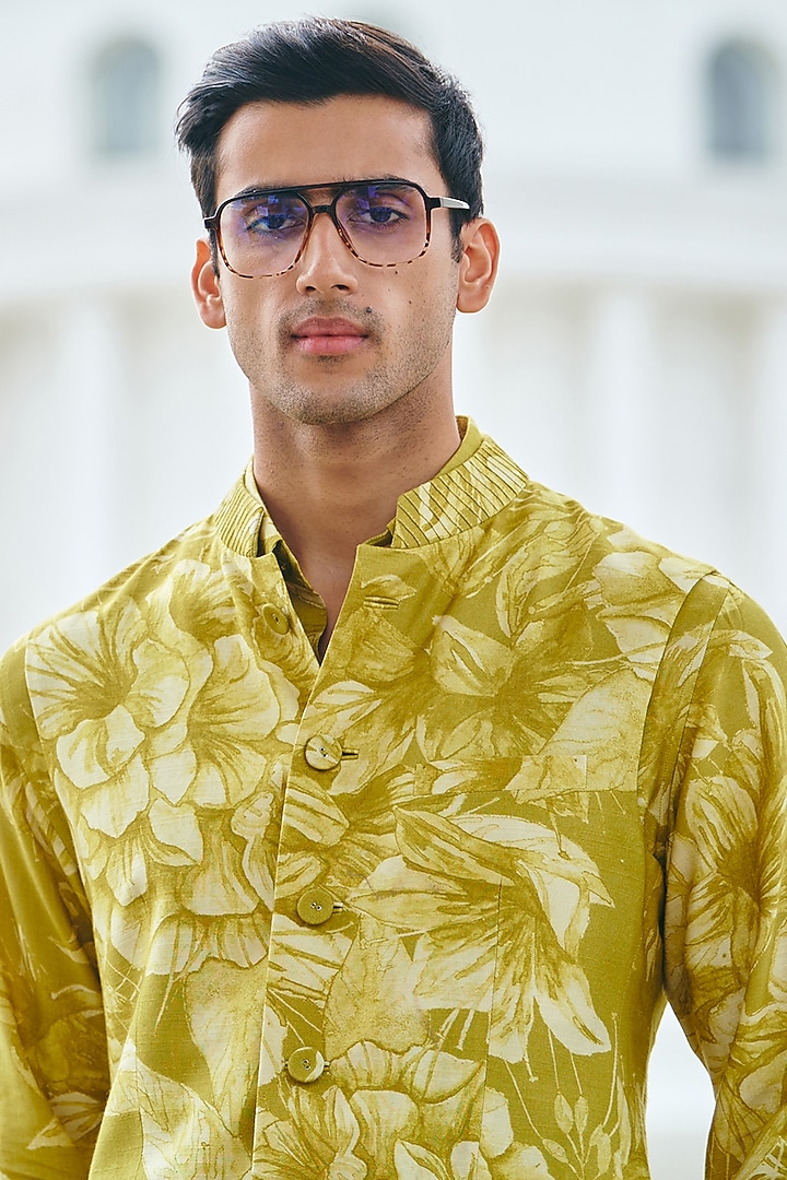Lime Yellow Silk Printed Bundi Jacket by Philocaly at Pernia's Pop Up Shop