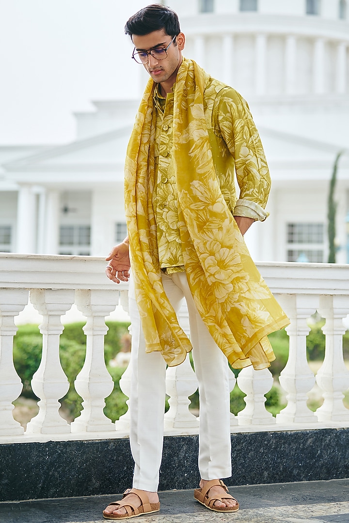 Lime Yellow Silk Printed Bundi Jacket Set by Philocaly at Pernia's Pop Up Shop