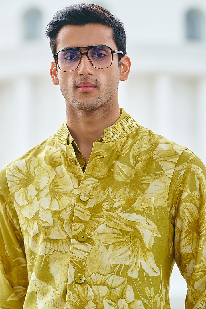 Lime Yellow Silk Printed Bundi Jacket Set by Philocaly at Pernia's Pop Up Shop