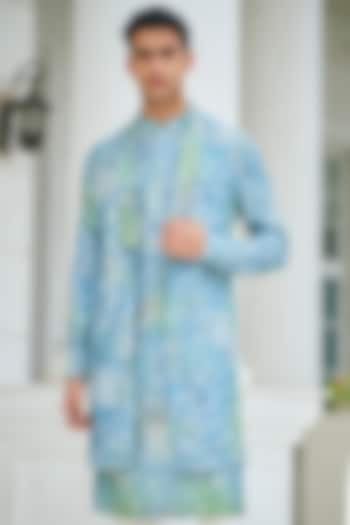 Blue Jacquard printed long Bundi Jacket by Philocaly