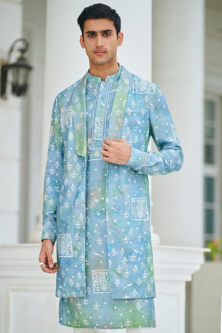 Blue Jacquard printed long Bundi Jacket by Philocaly