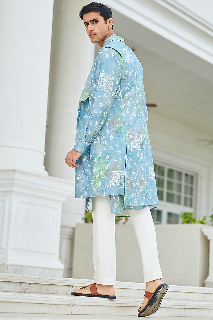 Blue Jacquard printed long Bundi Jacket by Philocaly at Pernia's Pop Up Shop