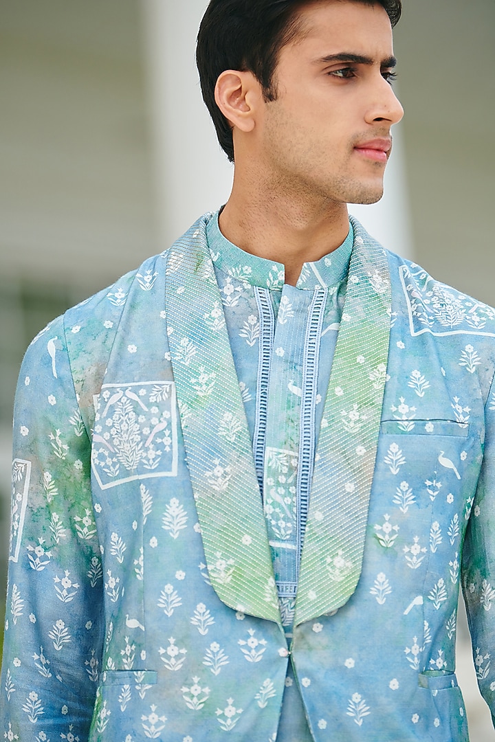 Blue Jacquard printed long Bundi Jacket by Philocaly at Pernia's Pop Up Shop