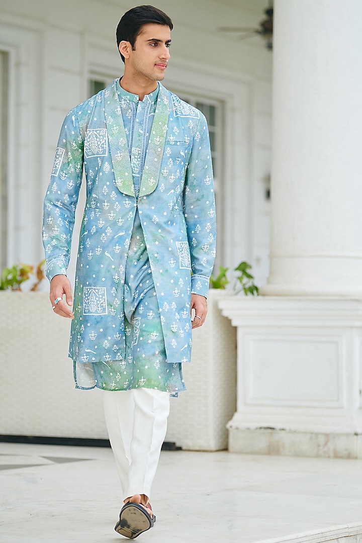 Blue Cotton Printed Indowestern Set by Philocaly