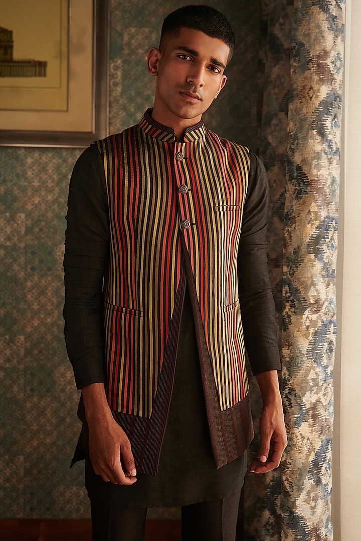 Multi-Colored Silk Indowestern Jacket by Philocaly