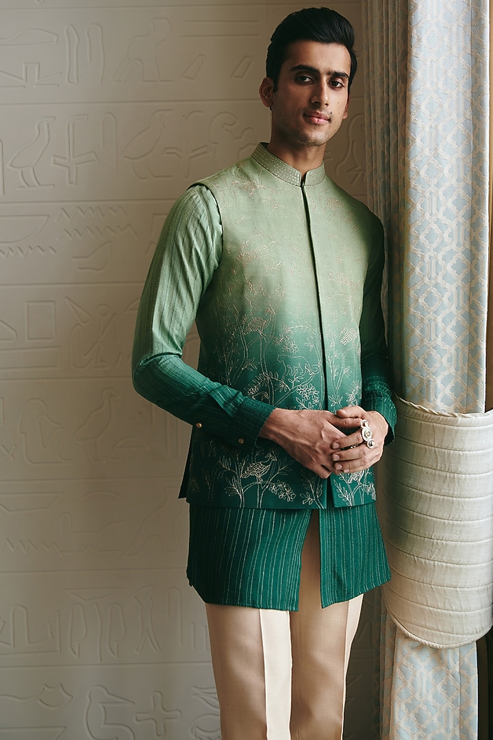 Green Ombre Silk Embroidered Bundi Jacket by Philocaly at Pernia's Pop Up Shop