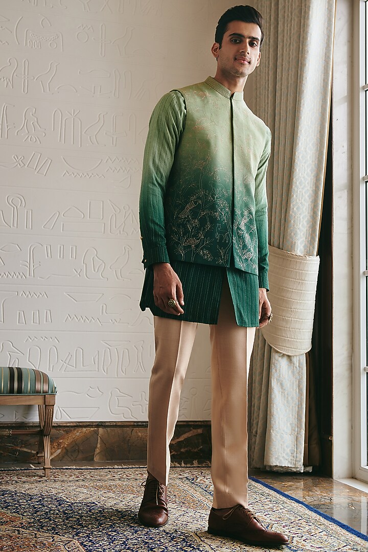 Green Ombre Silk Embroidered Bundi Jacket by Philocaly at Pernia's Pop Up Shop