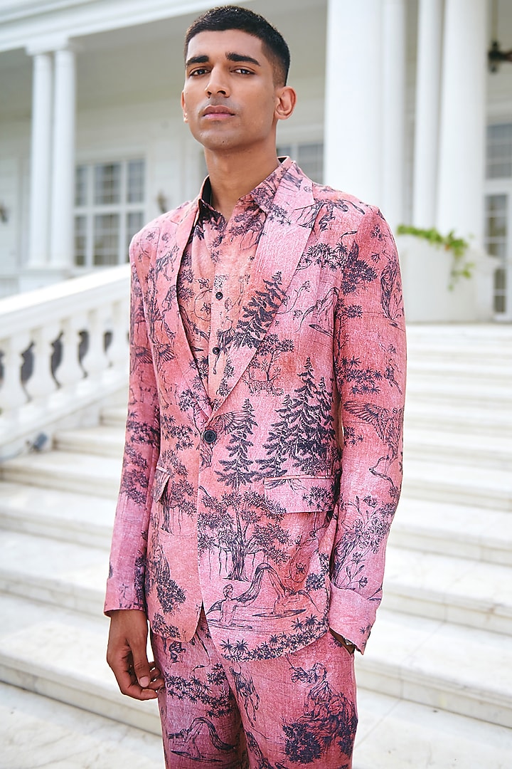Pink Cotton Printed Blazer by Philocaly