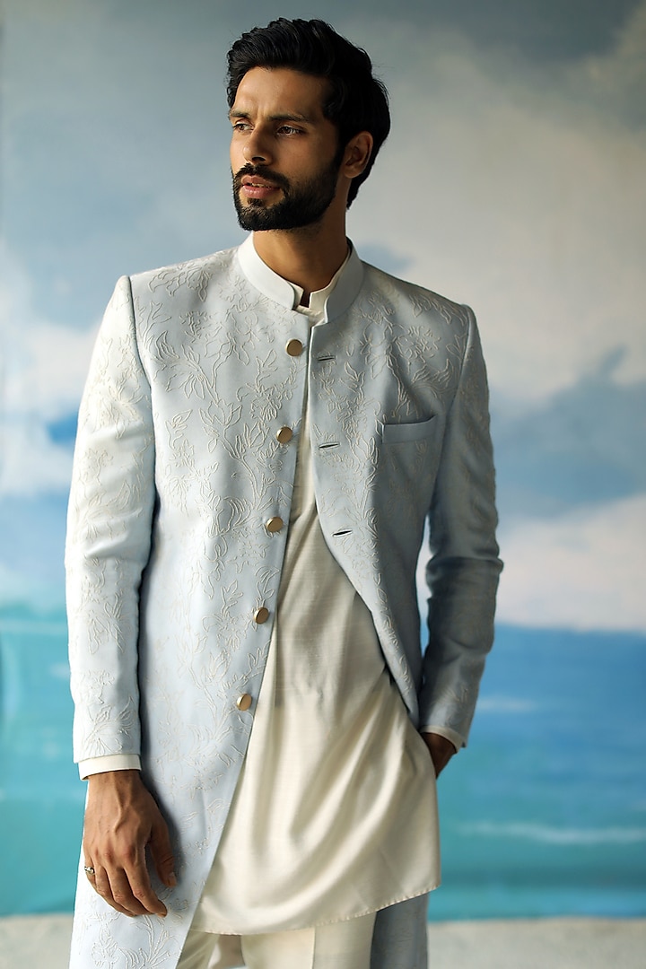 Powder Blue Cotton Embroidered Hand-Dyed Wedding Indowestern Set by Philocaly at Pernia's Pop Up Shop
