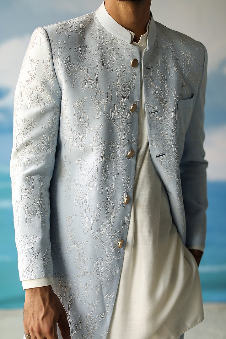 Powder Blue Cotton Embroidered Hand-Dyed Wedding Indowestern Set by Philocaly at Pernia's Pop Up Shop