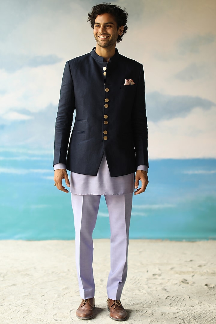Navy Blue Linen Bandhgala Jacket by Philocaly