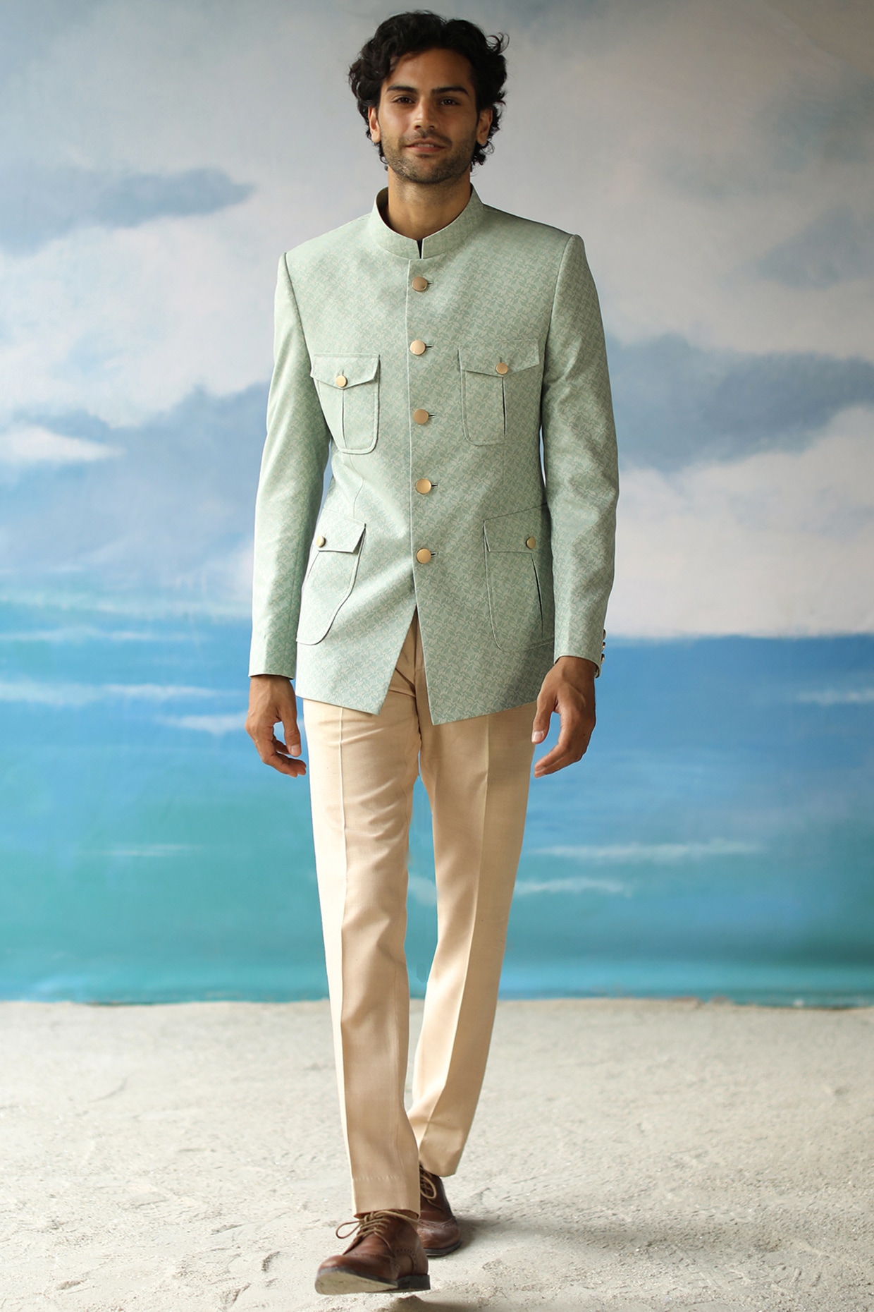 Buy Basil Green Bandhgala Jacket Set for men Online from Indian