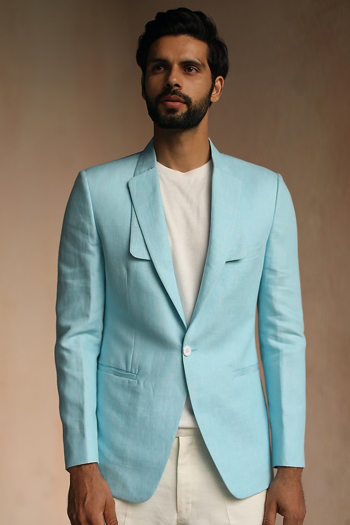Pastel Blue Linen Blazer by Philocaly at Pernia's Pop Up Shop