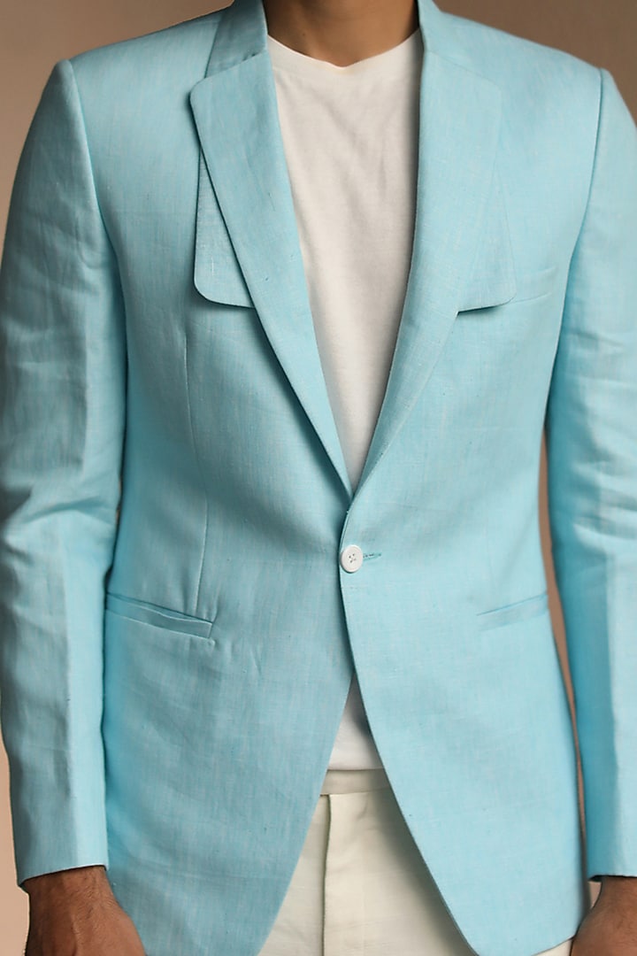 Pastel Blue Linen Blazer by Philocaly at Pernia's Pop Up Shop 2025