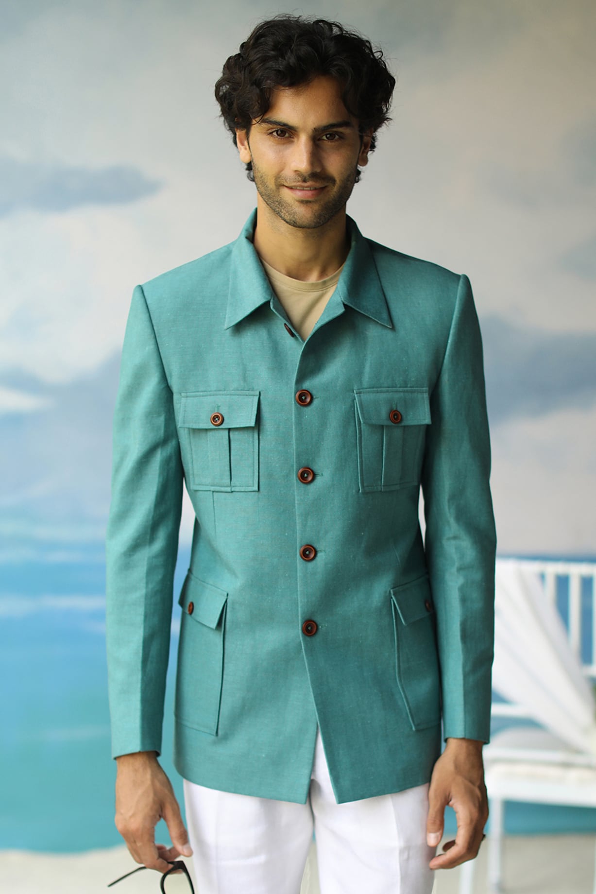 Green Pure Linen Blazer Set Design by ASUKA at Pernia's Pop Up Shop 2024