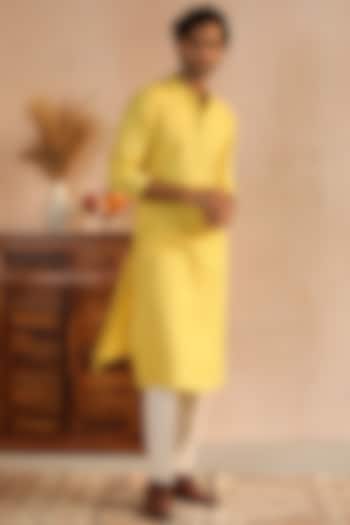 Bright Yellow Cotton & Silk Embroidered Kurta by Philocaly at Pernia's Pop Up Shop