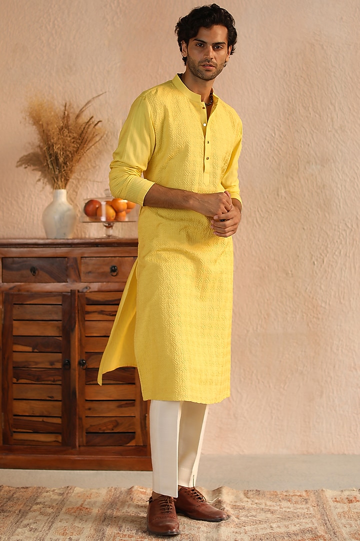 Bright Yellow Cotton & Silk Embroidered Kurta by Philocaly at Pernia's Pop Up Shop
