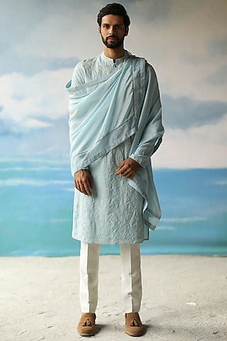 Powder Blue Silk Thread Embroidered Kurta by Philocaly