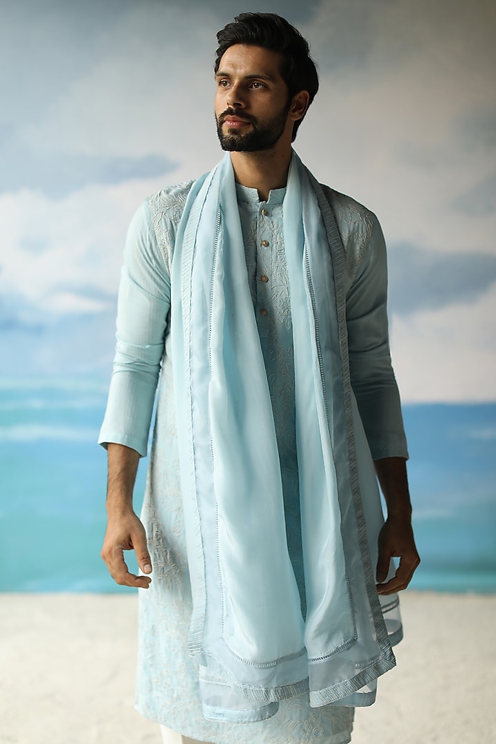 Powder Blue Silk Thread Embroidered Kurta by Philocaly at Pernia's Pop Up Shop