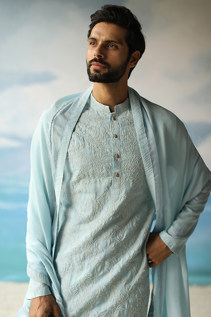 Powder Blue Silk Thread Embroidered Kurta by Philocaly at Pernia's Pop Up Shop