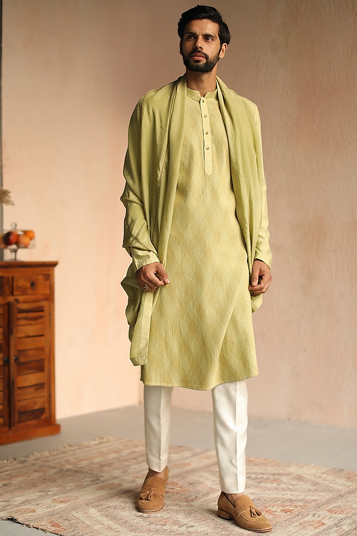 Sage Green Cotton Silk Embroidered Kurta by Philocaly at Pernia's Pop Up Shop