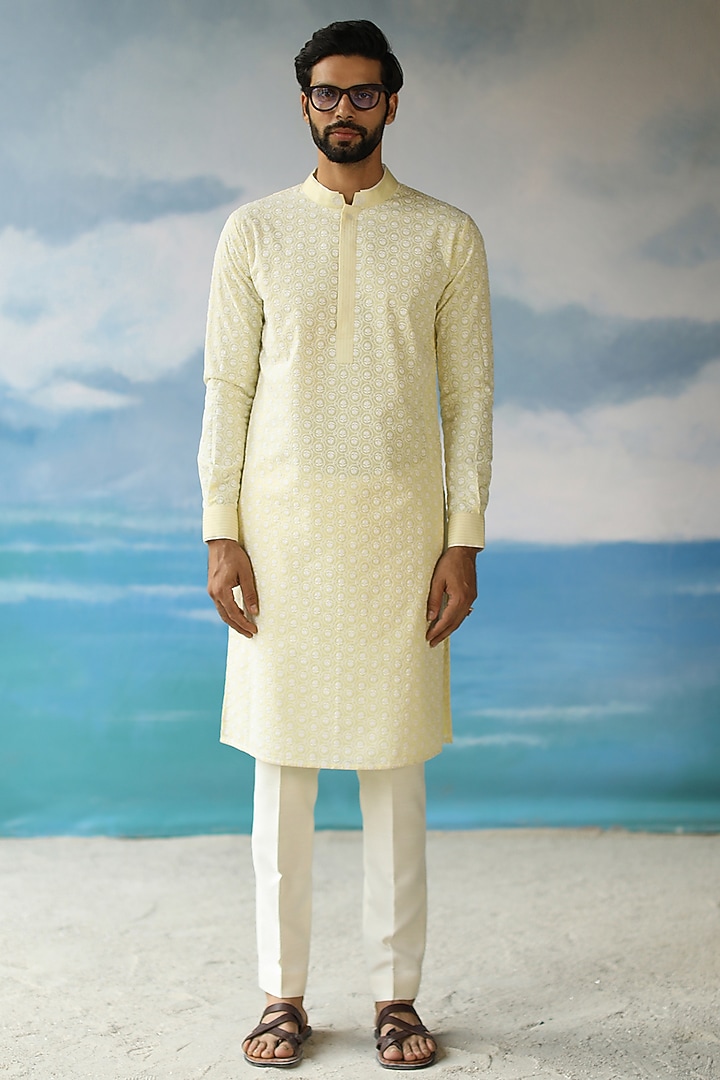 Pastel Yellow Embroidered Kurta by Philocaly at Pernia's Pop Up Shop