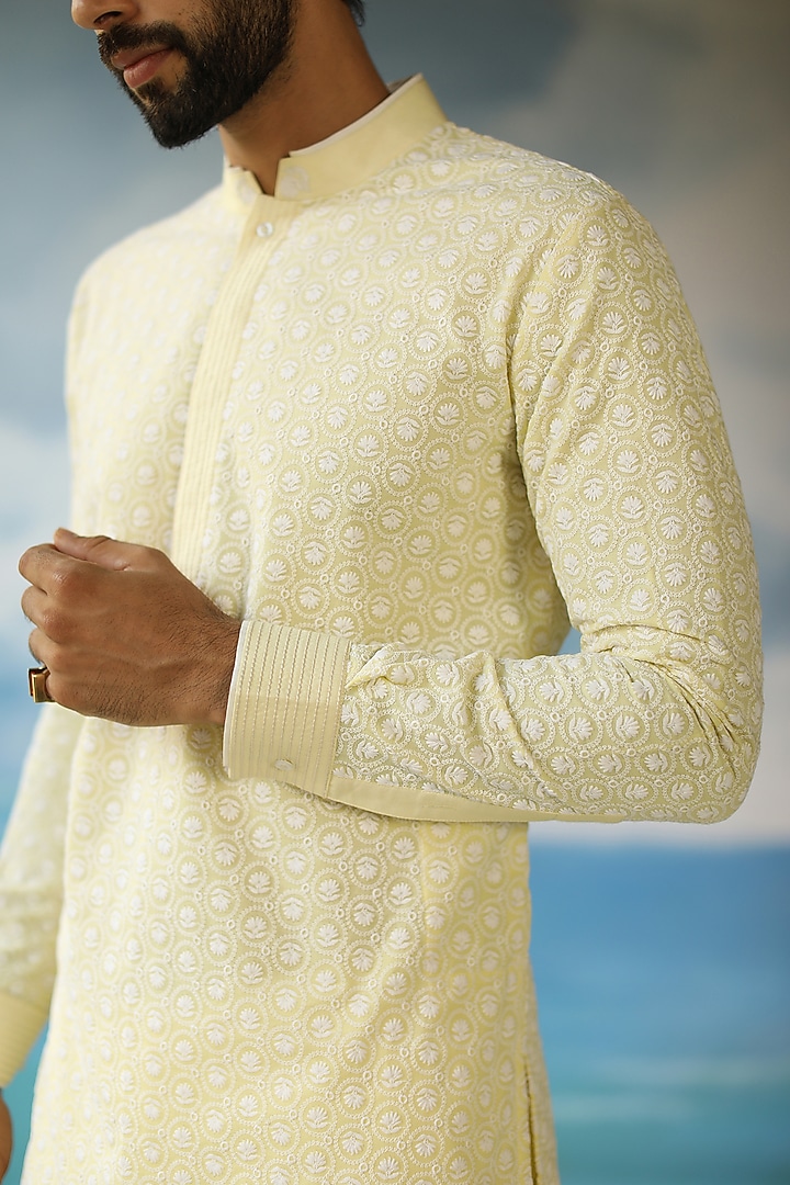 Pastel Yellow Embroidered Kurta by Philocaly at Pernia's Pop Up Shop